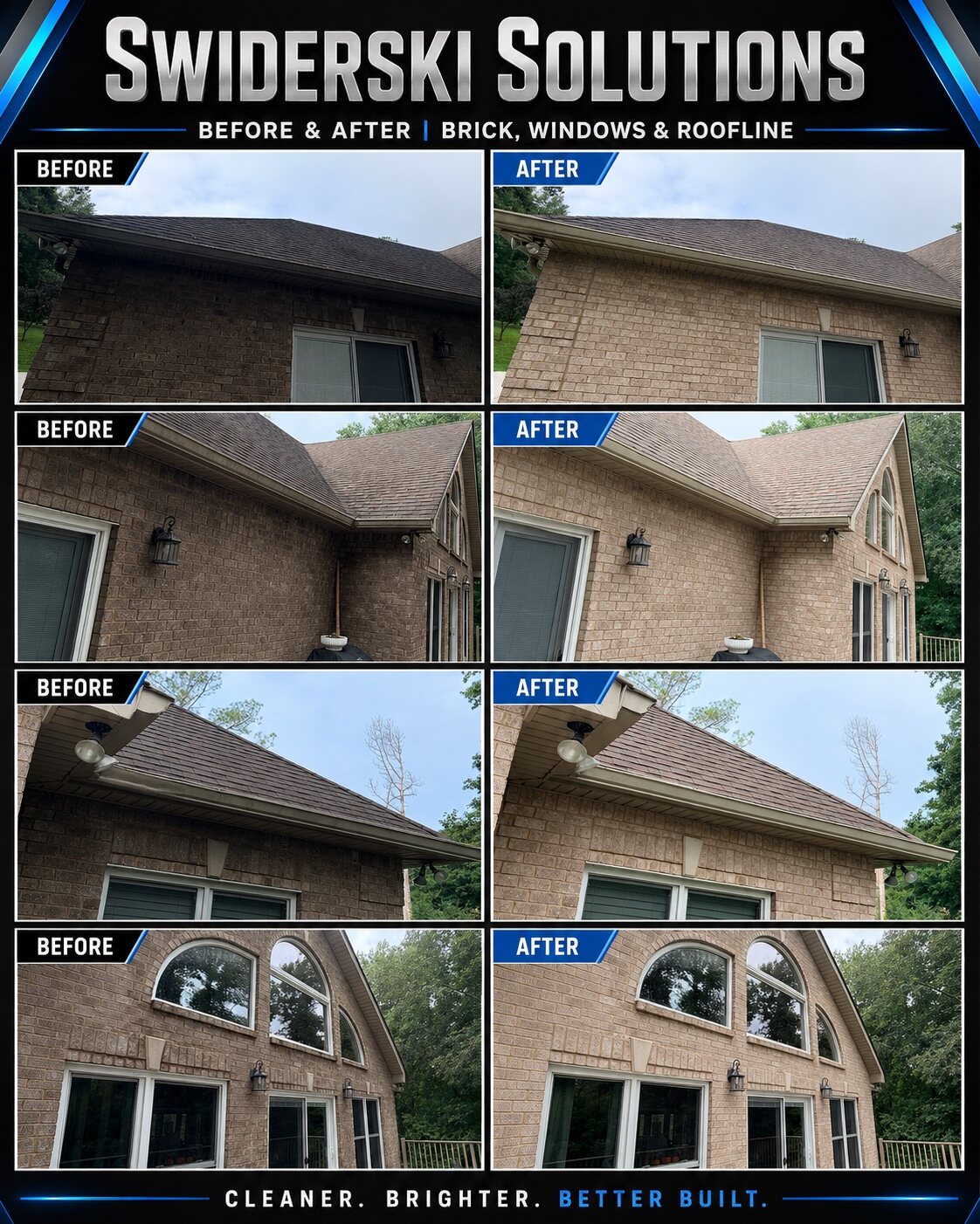 Before and after brick, windows and roofline cleaning
