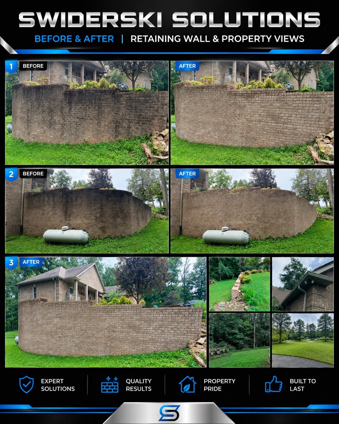 Before and after cleaning of a curved brick retaining wall